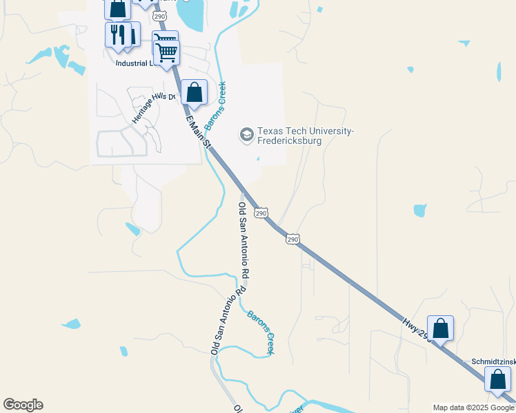 map of restaurants, bars, coffee shops, grocery stores, and more near 2966 U.S. 290 in Fredericksburg