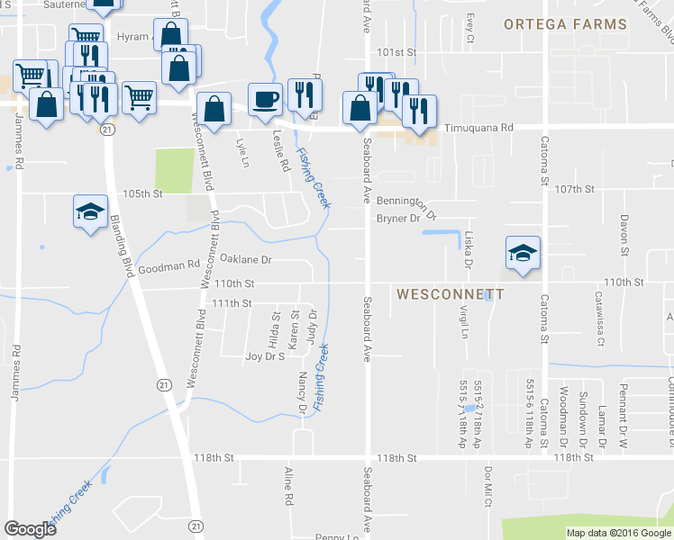 map of restaurants, bars, coffee shops, grocery stores, and more near 5745 110th Street in Jacksonville