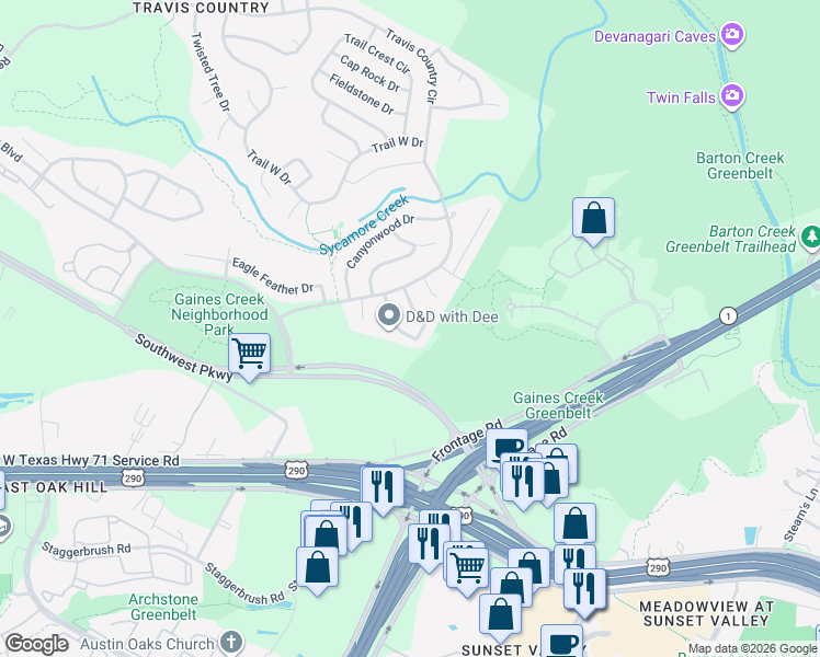 map of restaurants, bars, coffee shops, grocery stores, and more near 4831 Canyonbend Circle in Austin