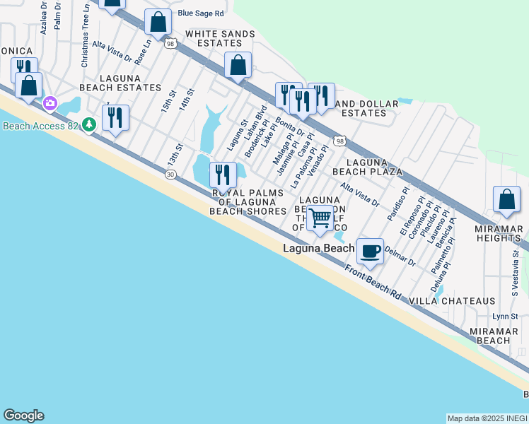 map of restaurants, bars, coffee shops, grocery stores, and more near 107 Casa Place in Panama City Beach