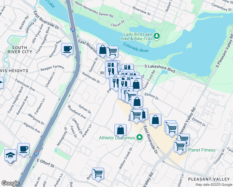 map of restaurants, bars, coffee shops, grocery stores, and more near 1919 East Riverside Drive in Austin