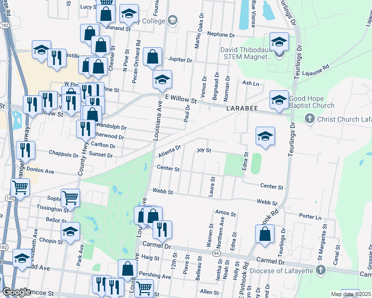 map of restaurants, bars, coffee shops, grocery stores, and more near 240 Oklahoma St in Lafayette