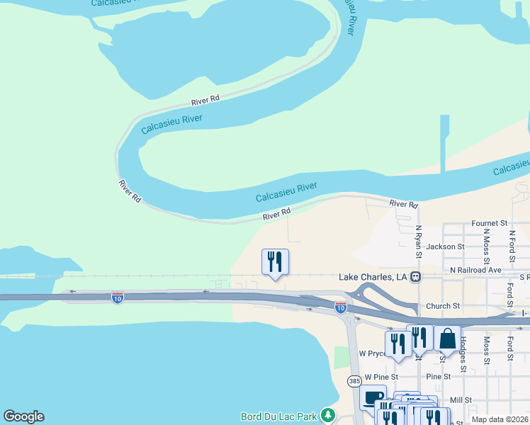 map of restaurants, bars, coffee shops, grocery stores, and more near 520 River Rd in Lake Charles