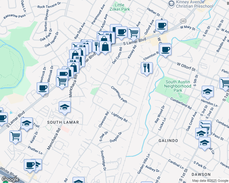 map of restaurants, bars, coffee shops, grocery stores, and more near 1707 Cinnamon Path in Austin