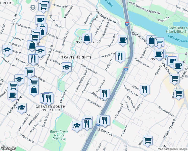 map of restaurants, bars, coffee shops, grocery stores, and more near 1143 Gillespie Place in Austin