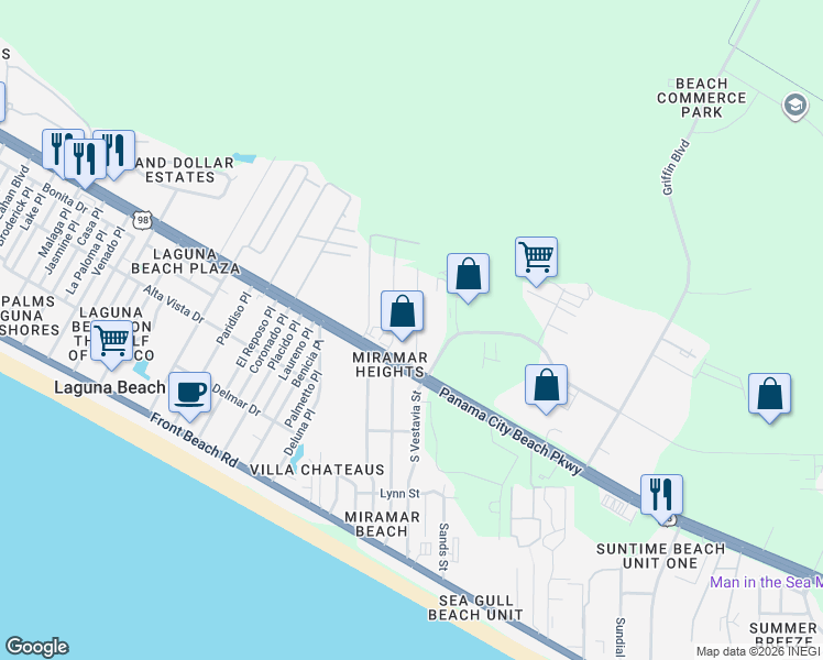 map of restaurants, bars, coffee shops, grocery stores, and more near 113 North Vestavia Street in Panama City Beach