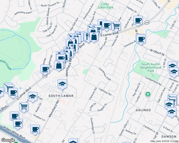 map of restaurants, bars, coffee shops, grocery stores, and more near 2811 Del Curto Road in Austin