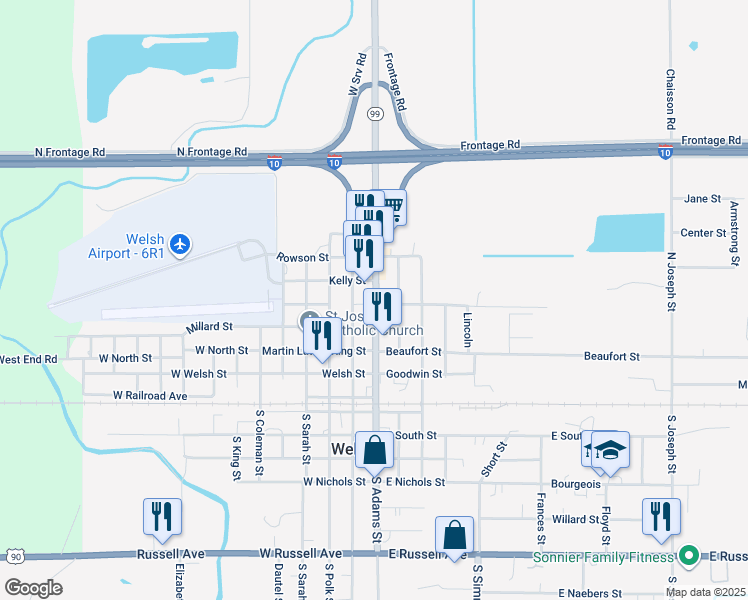 map of restaurants, bars, coffee shops, grocery stores, and more near 100 Bowers Street in Welsh