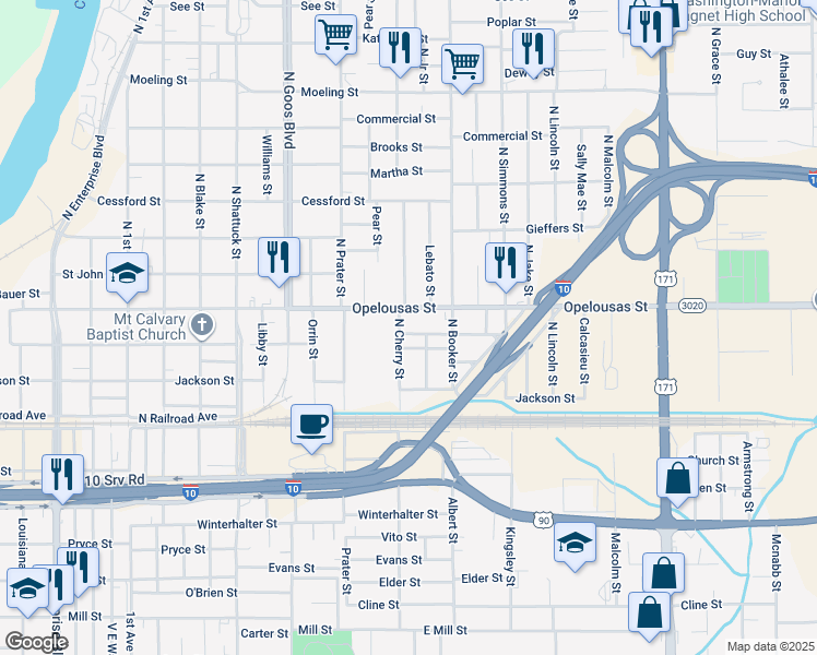 map of restaurants, bars, coffee shops, grocery stores, and more near 2107 Clarinda St in Lake Charles