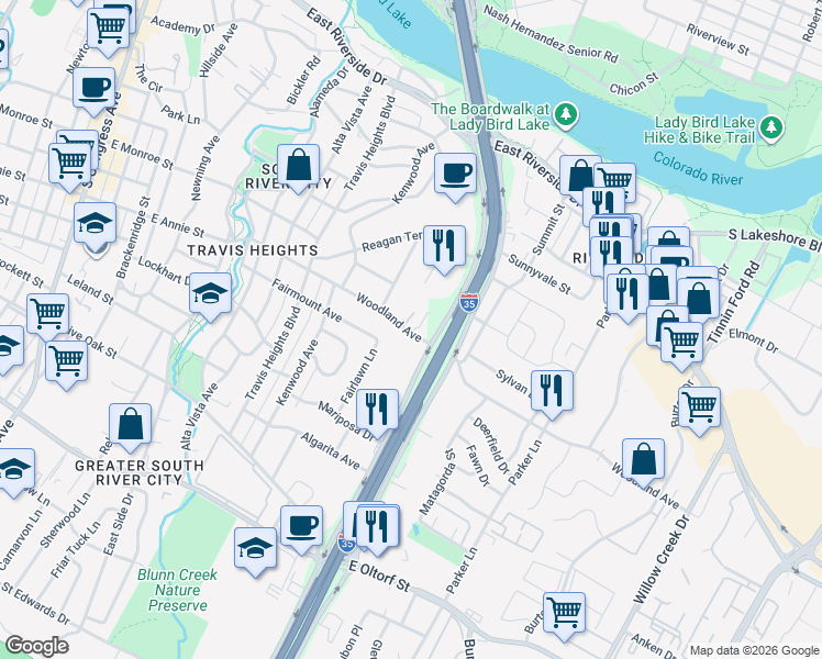 map of restaurants, bars, coffee shops, grocery stores, and more near 1316 1/2 Woodland Avenue in Austin