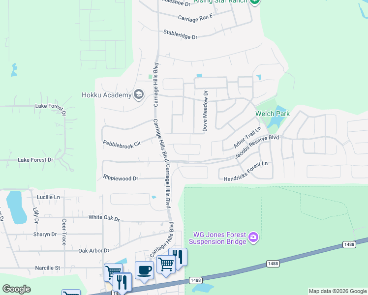 map of restaurants, bars, coffee shops, grocery stores, and more near 138 Sweet Leaf Grove Lane in Conroe
