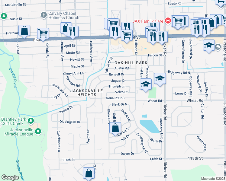 map of restaurants, bars, coffee shops, grocery stores, and more near 7959 Volvo Street in Jacksonville