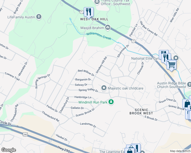map of restaurants, bars, coffee shops, grocery stores, and more near 7199 Smokey Hill Road in Austin