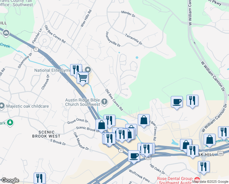 map of restaurants, bars, coffee shops, grocery stores, and more near 6504 Steep Cactus Trail in Austin