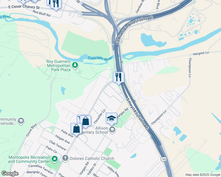 map of restaurants, bars, coffee shops, grocery stores, and more near 6309 Del Monte Road in Austin