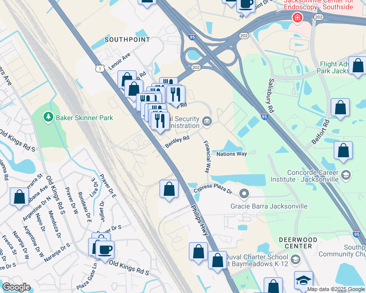 map of restaurants, bars, coffee shops, grocery stores, and more near 7235 Bonneval Road in Jacksonville