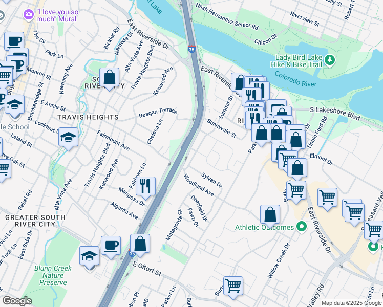 map of restaurants, bars, coffee shops, grocery stores, and more near 1601 South Interstate 35 Frontage Road in Austin