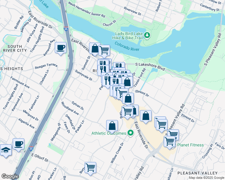 map of restaurants, bars, coffee shops, grocery stores, and more near 1400 Royal Crest Drive in Austin