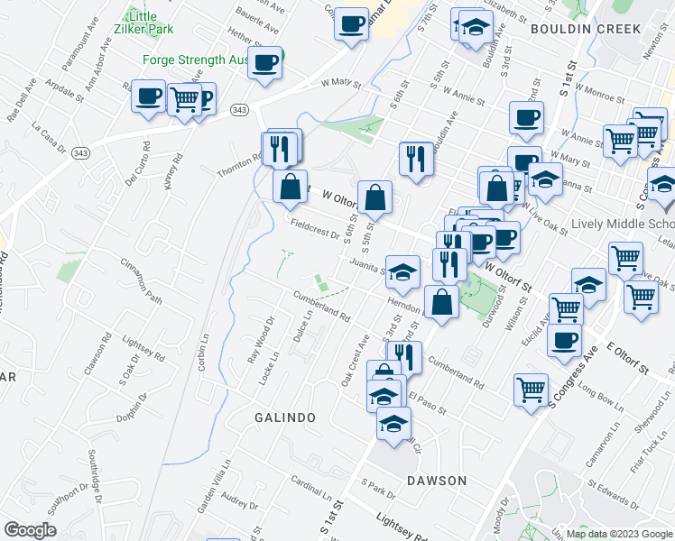 map of restaurants, bars, coffee shops, grocery stores, and more near 2505 South 6th Street in Austin
