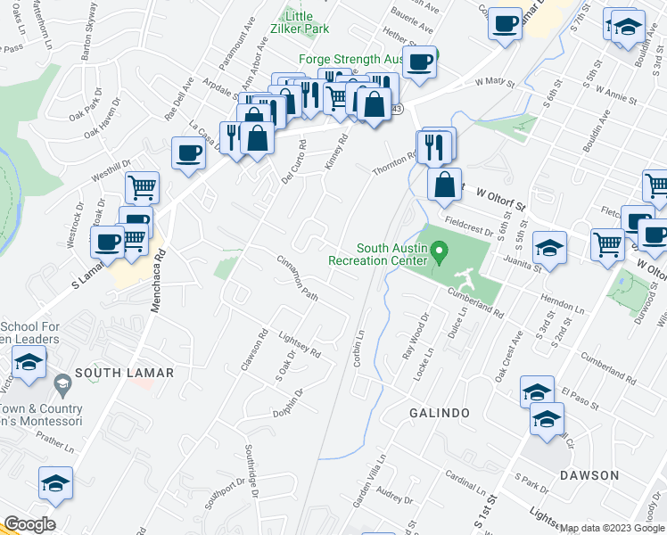 map of restaurants, bars, coffee shops, grocery stores, and more near Thornton Road & Summer Creek Court in Austin