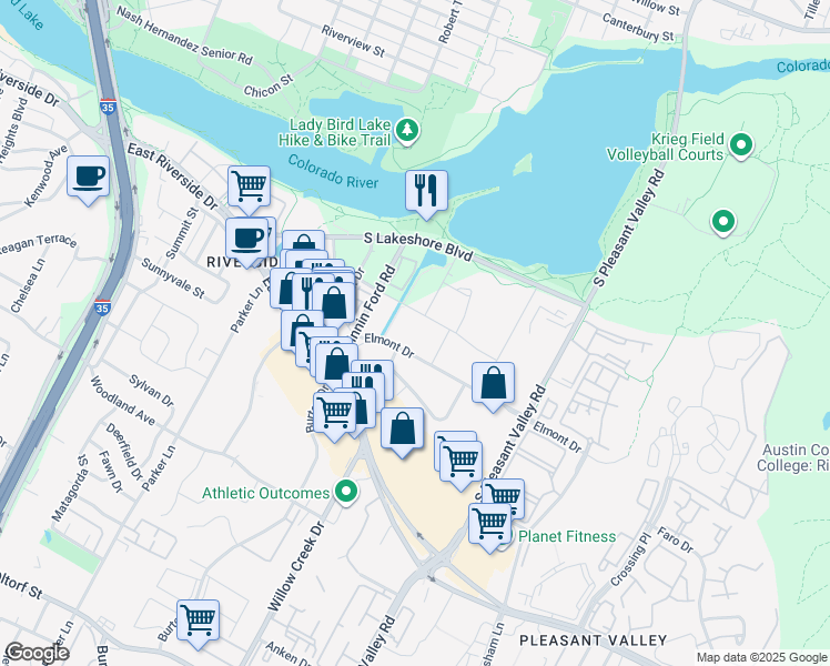 map of restaurants, bars, coffee shops, grocery stores, and more near 2223 Waterloo City Lane in Austin