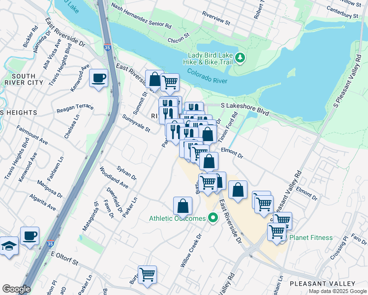 map of restaurants, bars, coffee shops, grocery stores, and more near 1919 East Riverside Drive in Austin