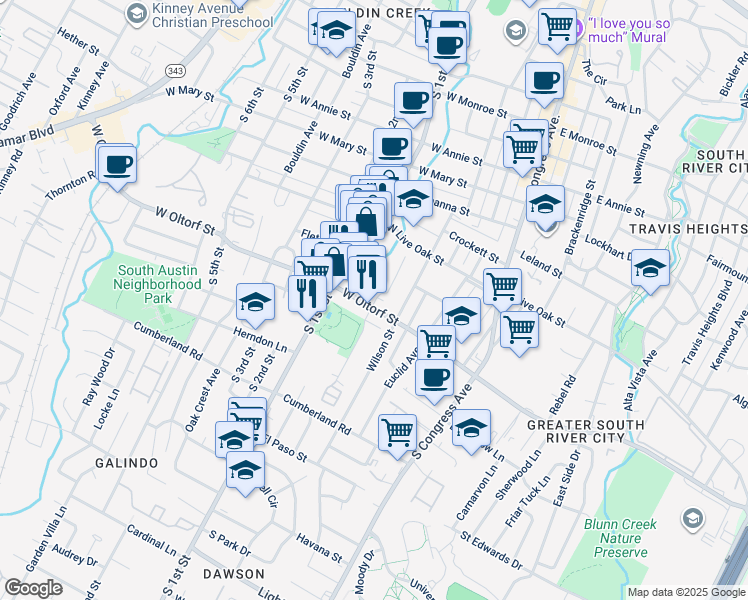 map of restaurants, bars, coffee shops, grocery stores, and more near 2303 Durwood Street in Austin