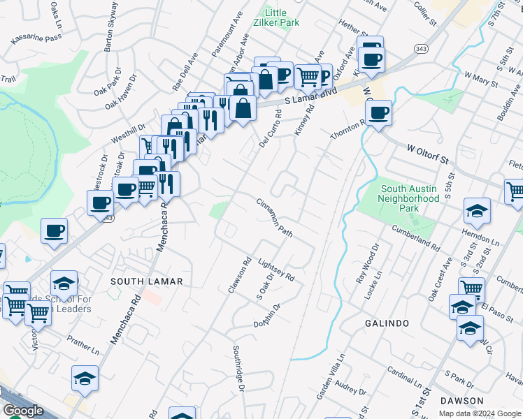 map of restaurants, bars, coffee shops, grocery stores, and more near 1707 Cinnamon Path in Austin