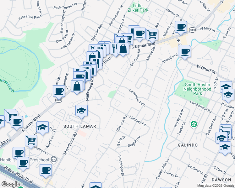 map of restaurants, bars, coffee shops, grocery stores, and more near 2807 Del Curto Road in Austin
