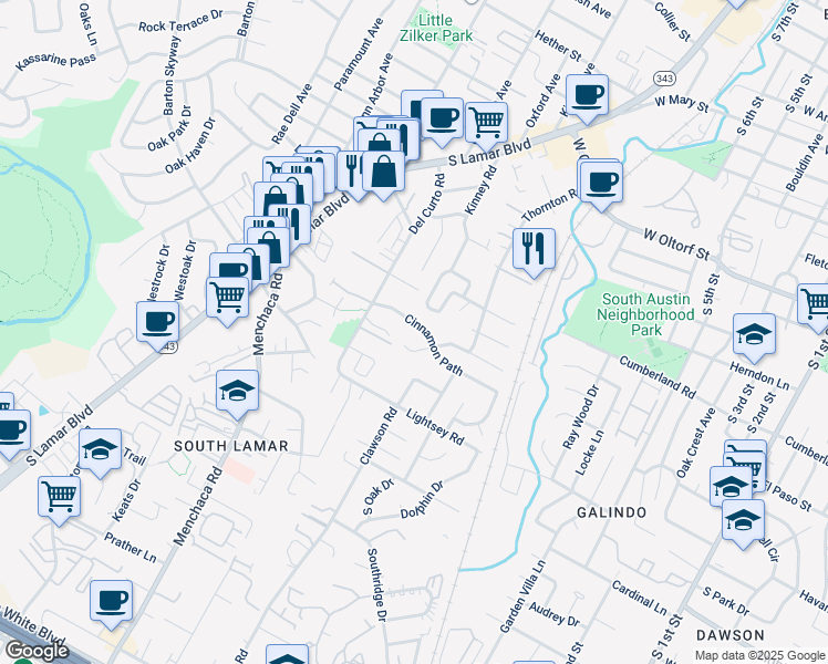 map of restaurants, bars, coffee shops, grocery stores, and more near 1707 Cinnamon Path in Austin