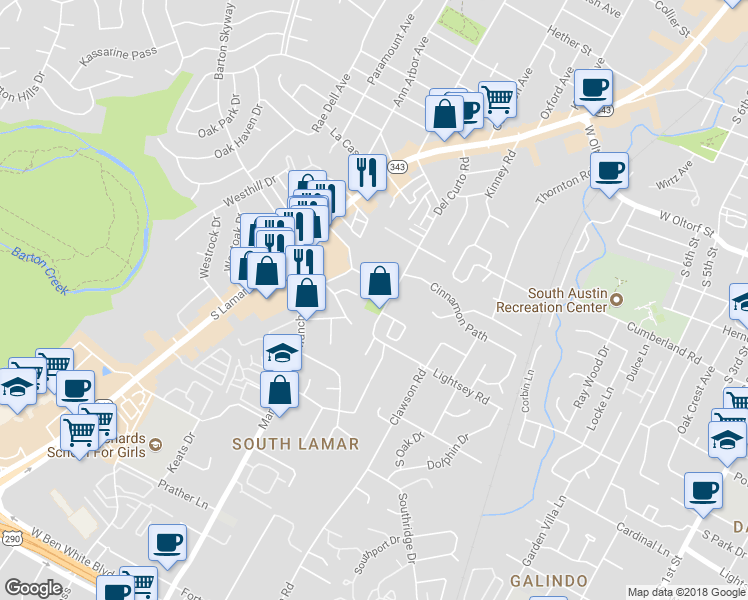 map of restaurants, bars, coffee shops, grocery stores, and more near 2908 Del Curto Road in Austin