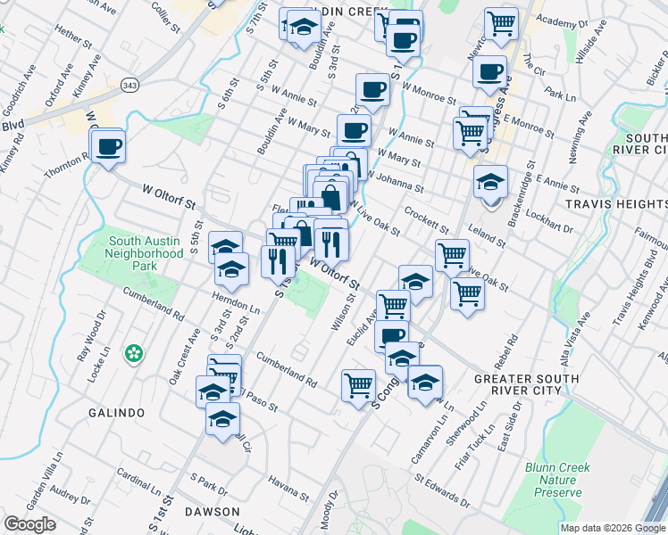 map of restaurants, bars, coffee shops, grocery stores, and more near 2303 Durwood Street in Austin