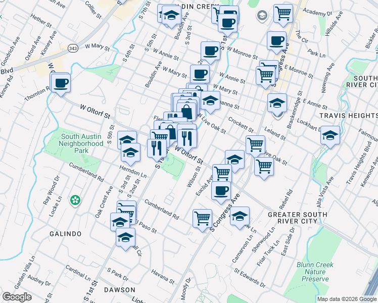 map of restaurants, bars, coffee shops, grocery stores, and more near 500 West Oltorf Street in Austin
