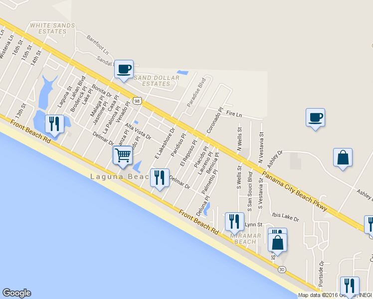 map of restaurants, bars, coffee shops, grocery stores, and more near 309 El Reposo Place in Panama City Beach