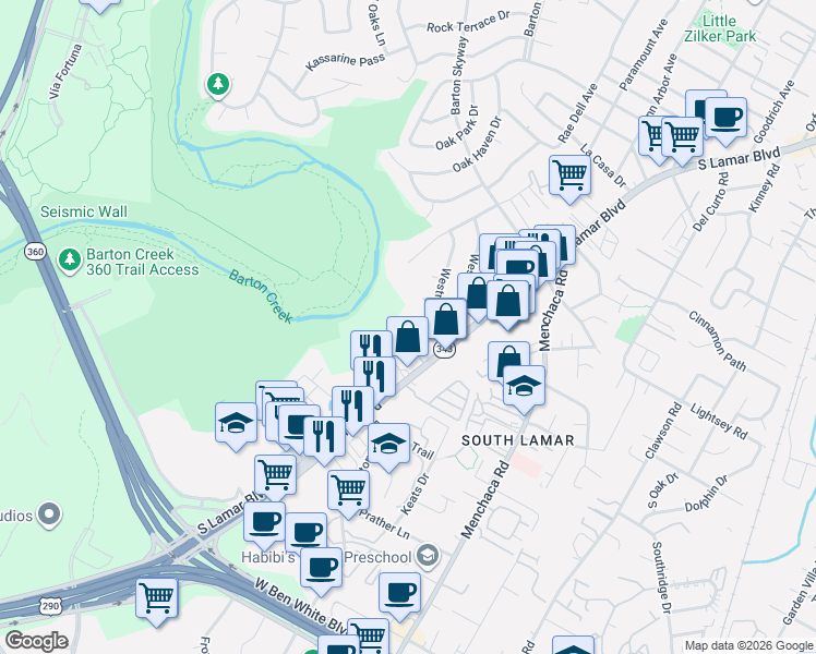 map of restaurants, bars, coffee shops, grocery stores, and more near 3400 South Lamar Boulevard in Austin