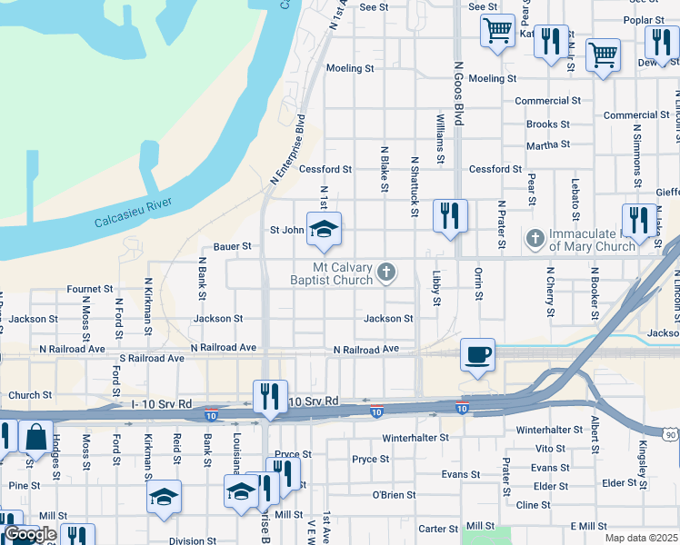 map of restaurants, bars, coffee shops, grocery stores, and more near 1400 Opelousas Street in Lake Charles