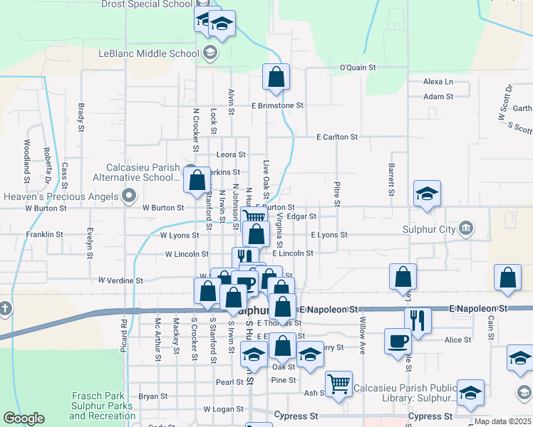 map of restaurants, bars, coffee shops, grocery stores, and more near 202 Edgar Street in Sulphur