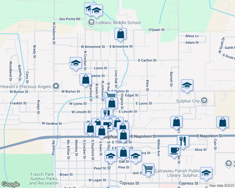 map of restaurants, bars, coffee shops, grocery stores, and more near 202 Edgar Street in Sulphur
