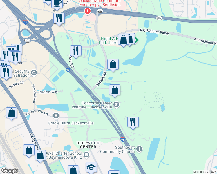 map of restaurants, bars, coffee shops, grocery stores, and more near 7750 Belfort Parkway in Jacksonville