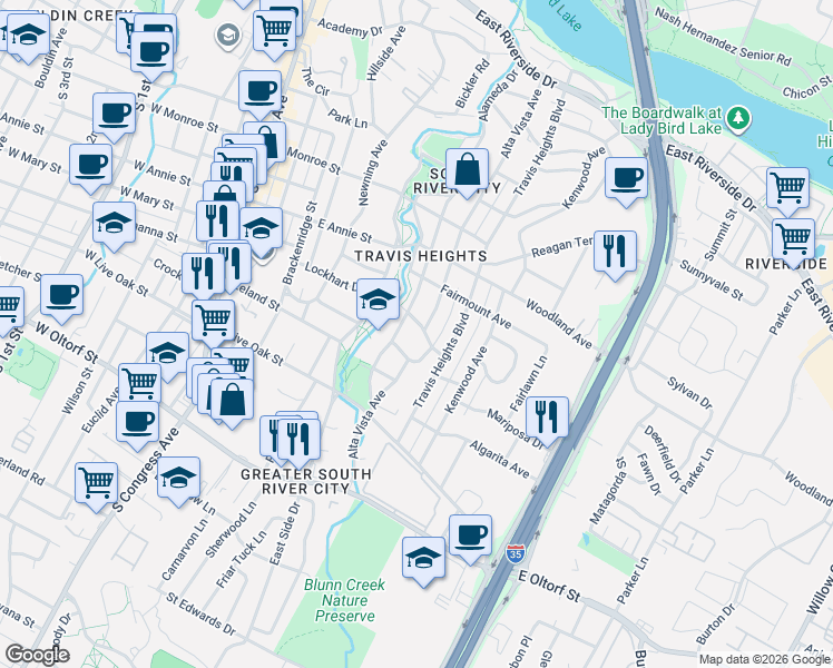 map of restaurants, bars, coffee shops, grocery stores, and more near 809 Mariposa Drive in Austin
