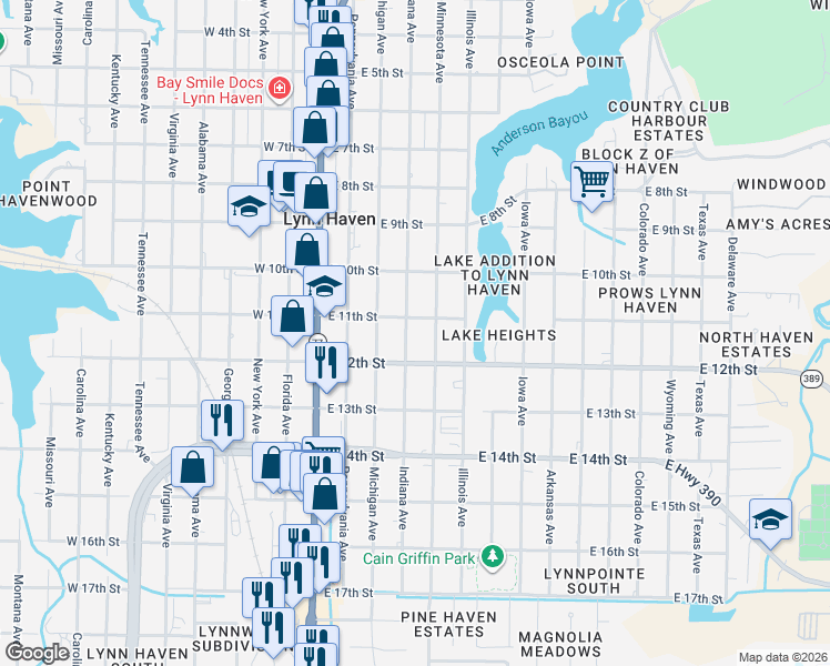 map of restaurants, bars, coffee shops, grocery stores, and more near 1108 Indiana Avenue in Lynn Haven