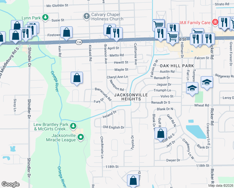 map of restaurants, bars, coffee shops, grocery stores, and more near 8227 Caravelle Drive in Jacksonville