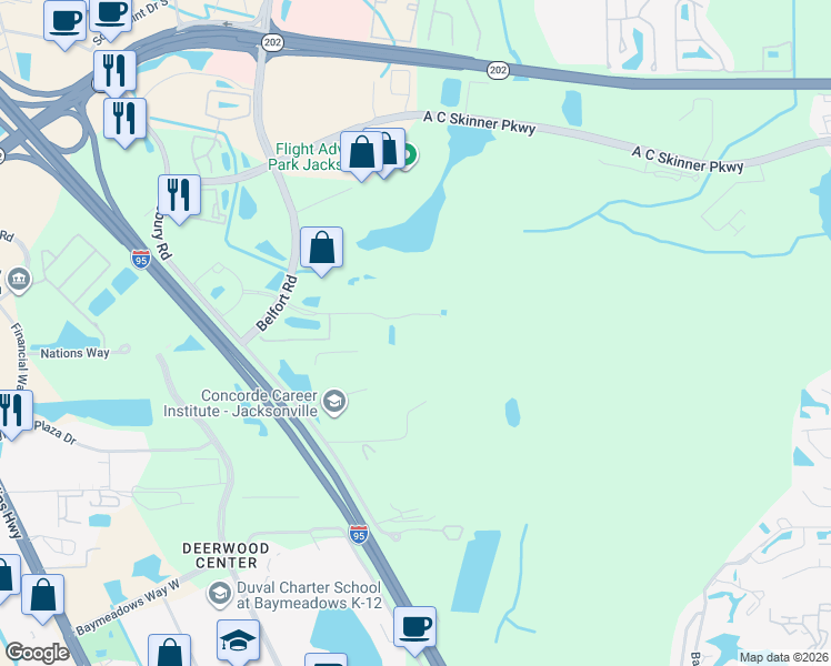 map of restaurants, bars, coffee shops, grocery stores, and more near 7950 Belfort Parkway in Jacksonville