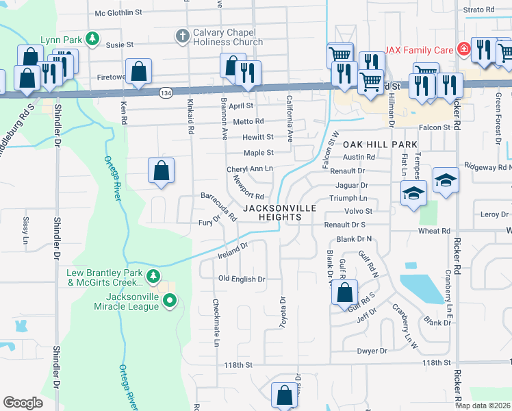map of restaurants, bars, coffee shops, grocery stores, and more near 8227 Caravelle Drive in Jacksonville