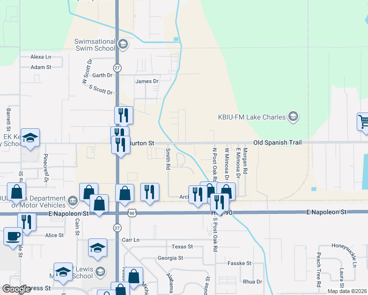 map of restaurants, bars, coffee shops, grocery stores, and more near 2312 East Burton Street in Sulphur