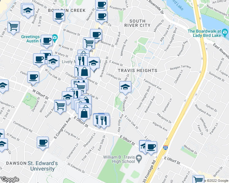 map of restaurants, bars, coffee shops, grocery stores, and more near 516 Leland Street in Austin