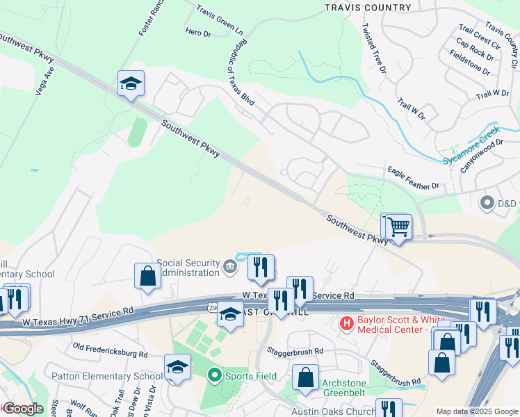 map of restaurants, bars, coffee shops, grocery stores, and more near 5113 Southwest Parkway in Austin