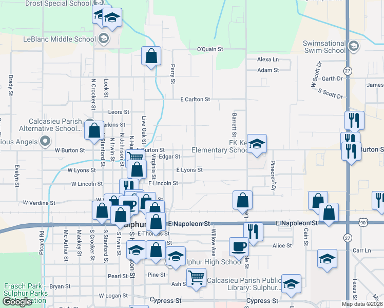 map of restaurants, bars, coffee shops, grocery stores, and more near 595 Pitre Street in Sulphur