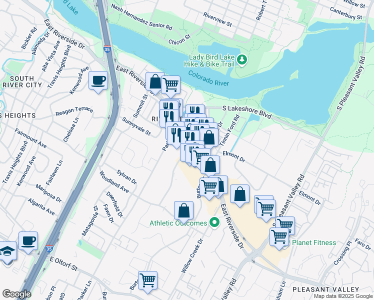 map of restaurants, bars, coffee shops, grocery stores, and more near 1919 East Riverside Drive in Austin