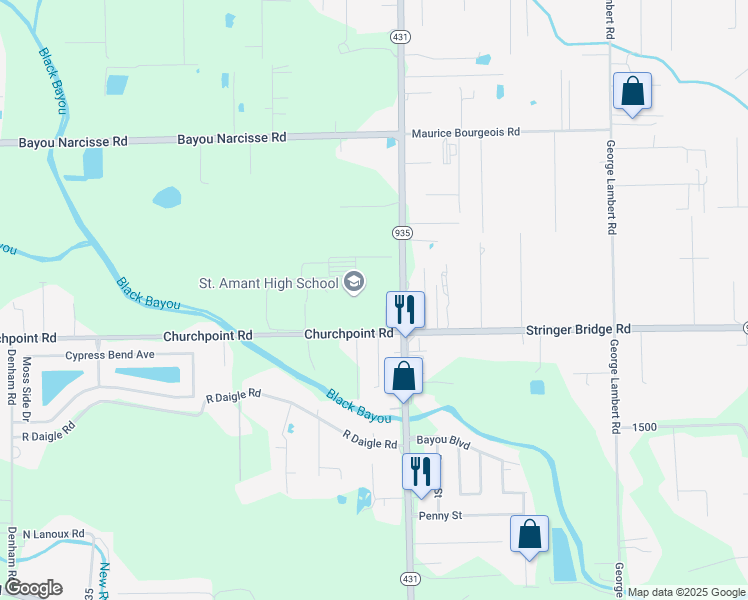 map of restaurants, bars, coffee shops, grocery stores, and more near 12035 Louisiana 431 in Saint Amant